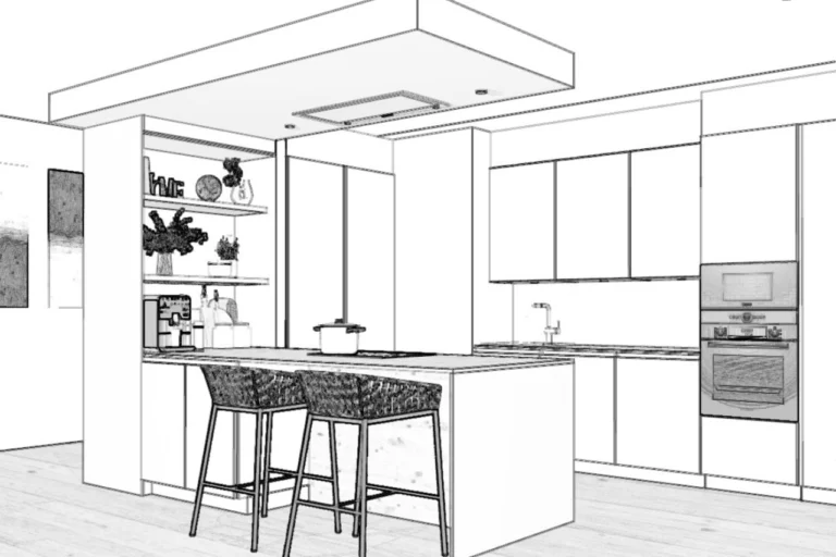 Dibujo a mano alzada de diseño de cocina minimalista