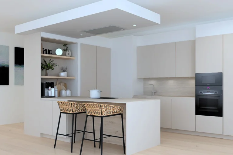 Render de cocina moderna con iluminación natural y acabados neutros